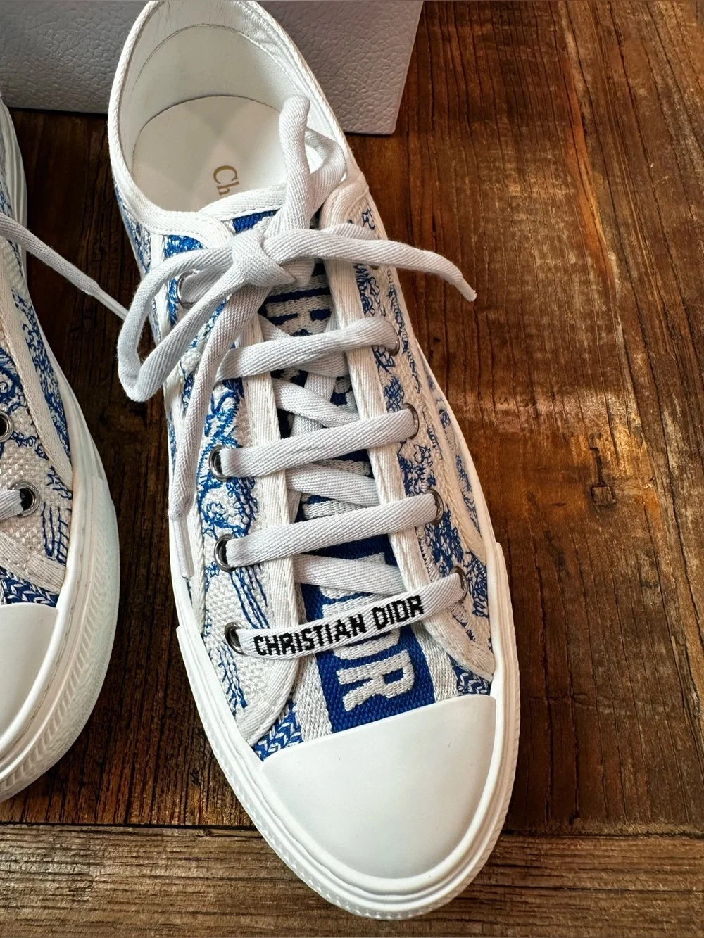 Dior White Canvas Low-Top Sneakers with Blue Toile Print